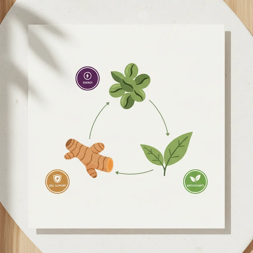 Infographic: green coffee bean, turmeric root and green tea leaf as natural ingredients for everyday energy