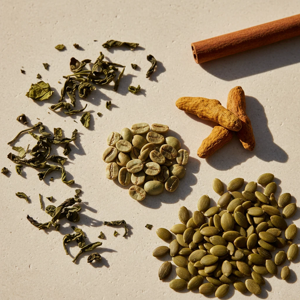 Natural botanical ingredients - green coffee beans, turmeric root, green tea leaves, pumpkin seeds for zinc vitamin B6 green coffee supplement